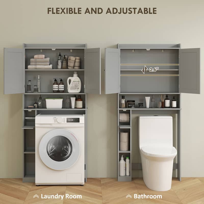 MDF Over Toilet Storage Cabinet with Doors and Adjustable Shelf - 31.5" W x 7.7" D x 66.9" H