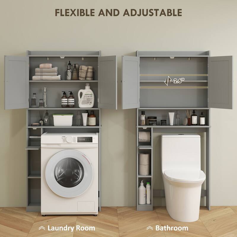 HOMCOM Over the Toilet Storage Cabinet, Modern Above Toilet Bathroom Organizer with 2 Doors, Storage Shelves, Toilet Paper