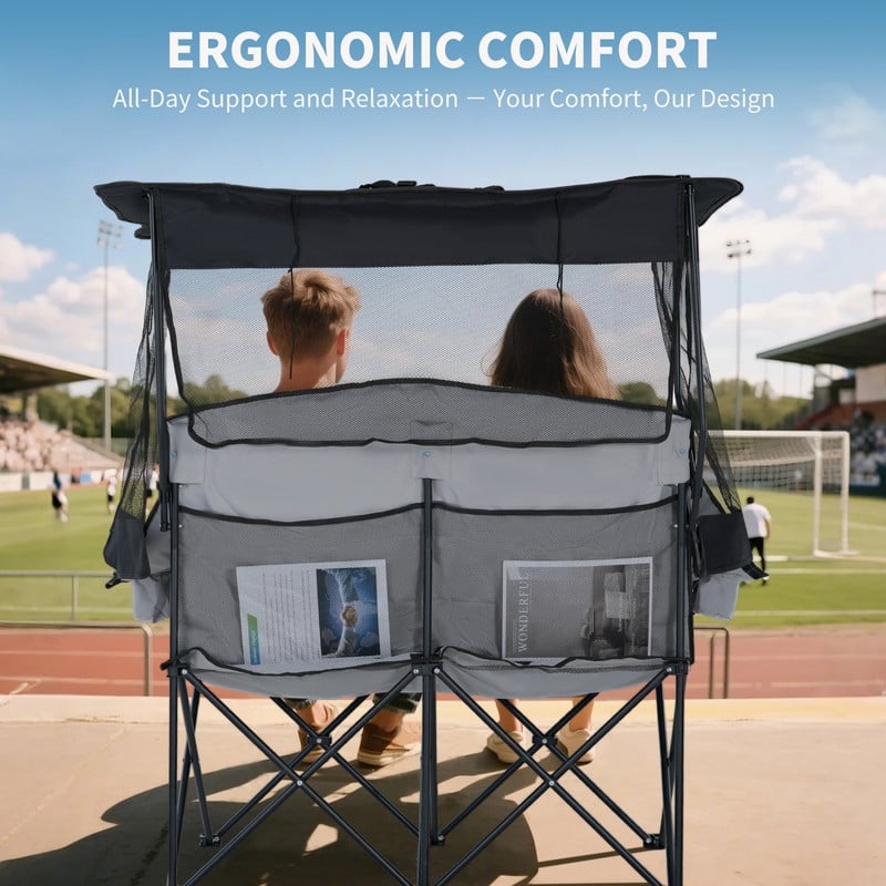 Double Beach Chair with Canopy Shade, Cup Holder and Side Pocket