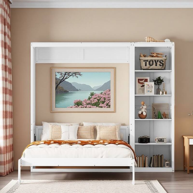 Queen Size Murphy Wall Bed with Adjustable Shelves, Space-Saving Foldable Design, Dual Piston Metal Mechanism - White - Full