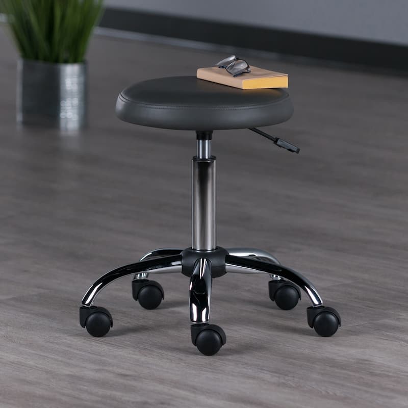 Adjustable Round Swivel Stool with Chrome Base and Charcoal Faux Leather - 22.52 x 22.52 x 25.59 inches