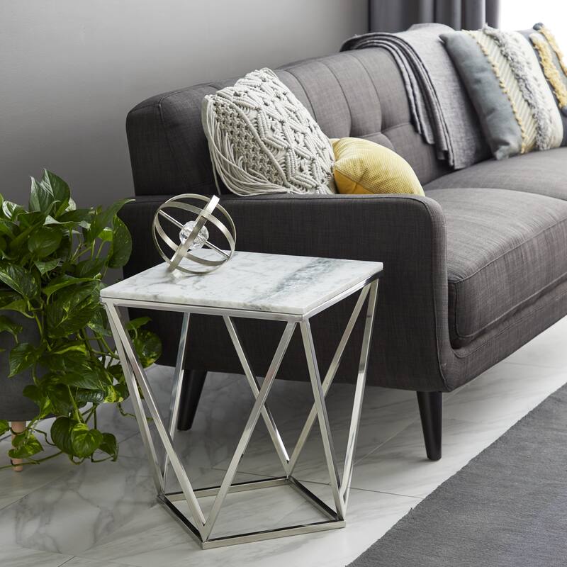 Silver Stainless Steel Accent Table with Marble Top - 18 x 18 x 21 - 18 x 18 x 21 - Silver