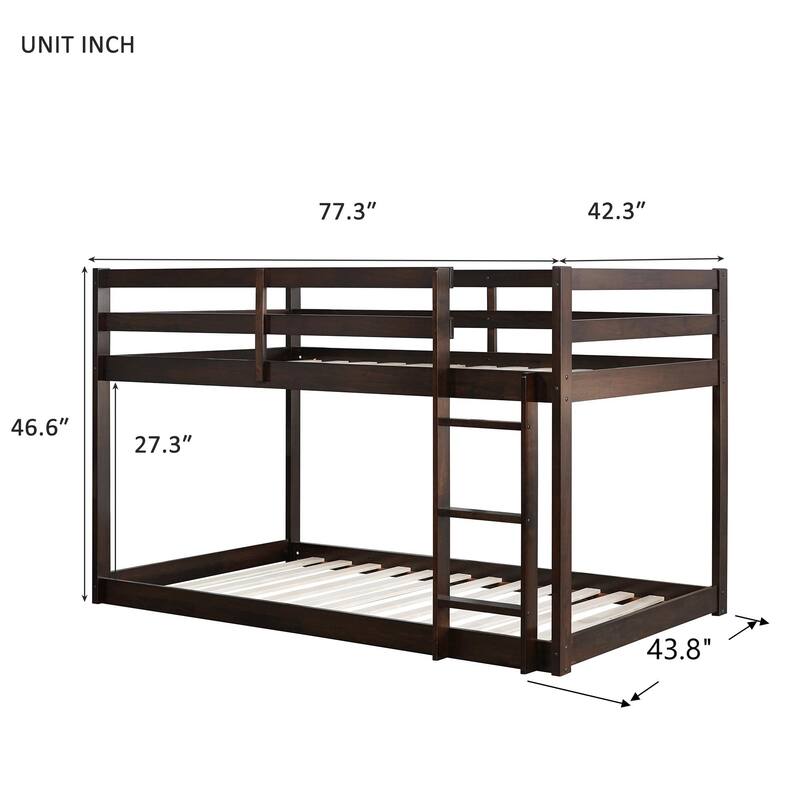 Solid Rubber Wood Twin Over Twin Floor Bunk Bed with Ladder, Low Height Design and Strengthened Slat Support