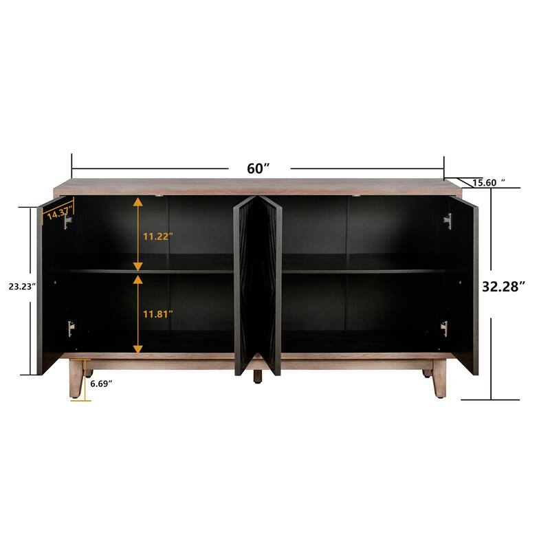 Mid Century Sideboard Buffet Cabinet with Solid Wood Legs 60" Kitchen Storage Cabinet Credenza with 4 Doors and 2 Shelves