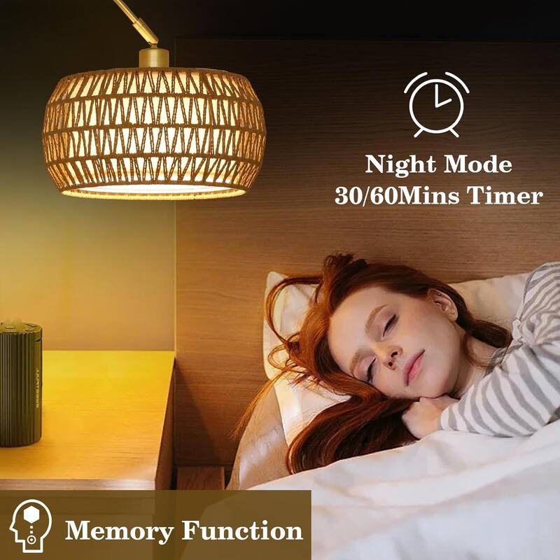 Arc Floor Lamp with Remote & Dimmable Bulb, Boho Rattan Standing lamp with 3 Color Temperatures, Height Adjustable Tall Lamp
