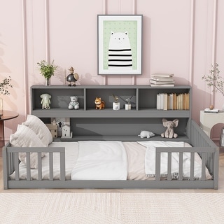 Grey Full Size Pine Floor Bed with Bookcase & Guardrails