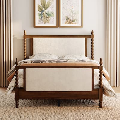 WAMPAT Vintage Queen Bed Frame – Solid Wood 4-Poster with Upholstered Headboard, No Box Spring Needed