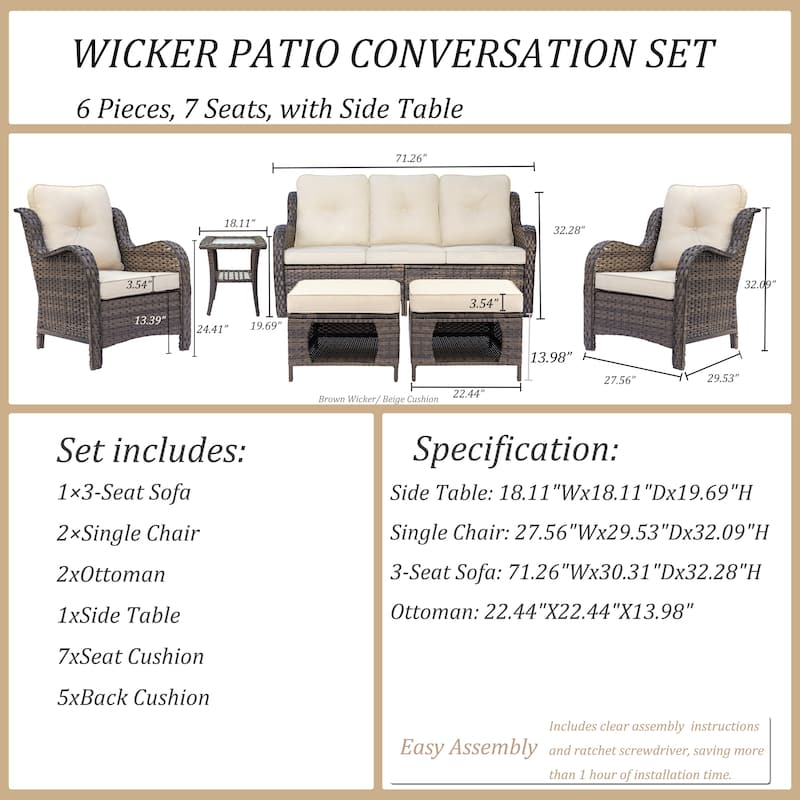 Outdoor Brown Wicker Patio Furniture Seating Sets with Beige Cushions