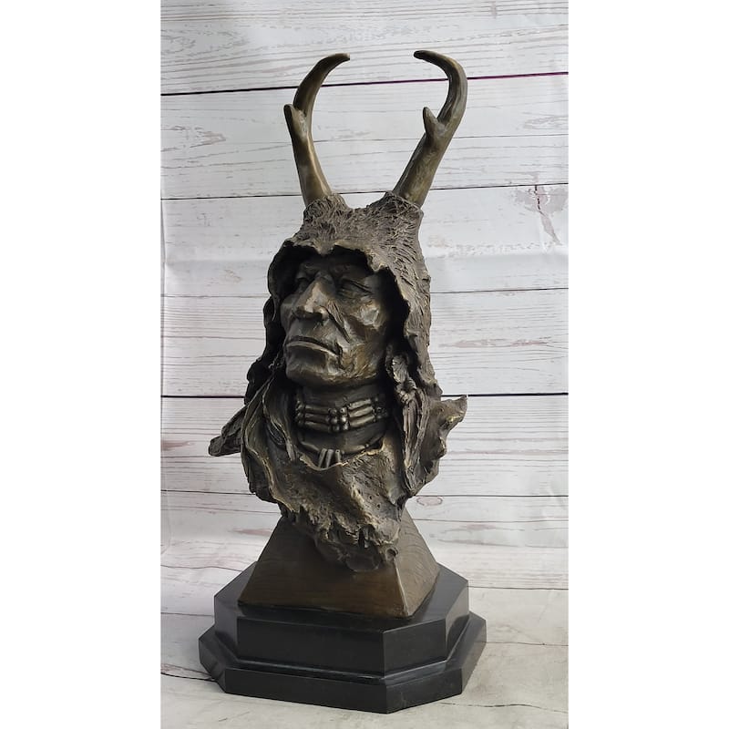 Native American Indian Shaman Man In Antler Headdress Bronze Sculpture Statue On Marble Base