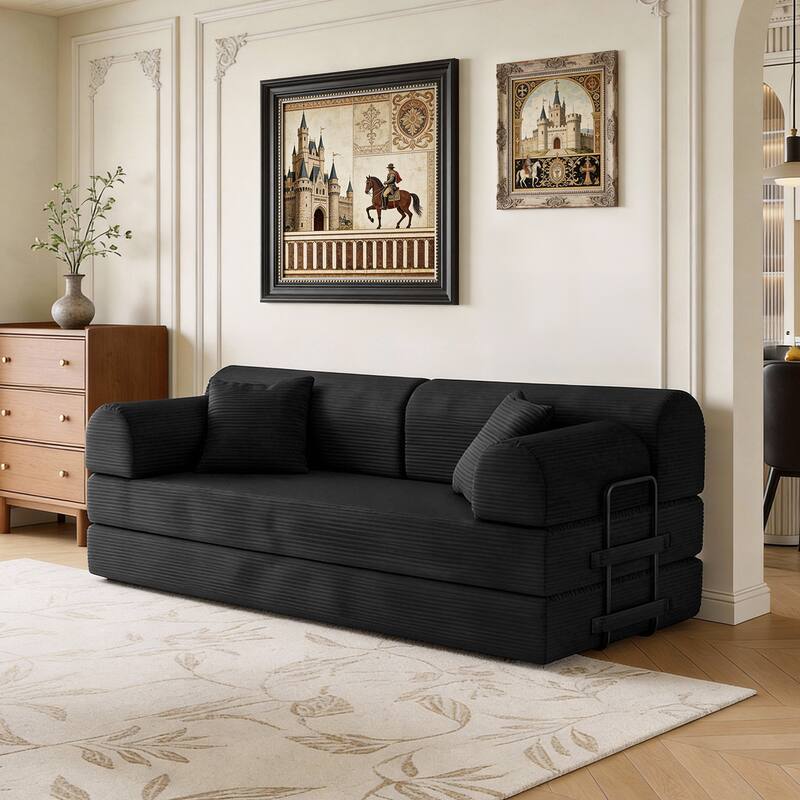 Black Convertible Sofa Bed Multifunctional Folding Sofa Couch Living Room 3-Seater Sofa Couch Settee