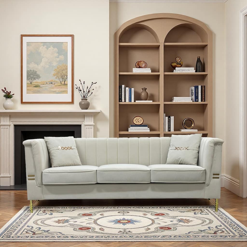 Chesterfield Velvet Button Tufted Sofa, Luxury 3-Seater Couch with 2 Pillows