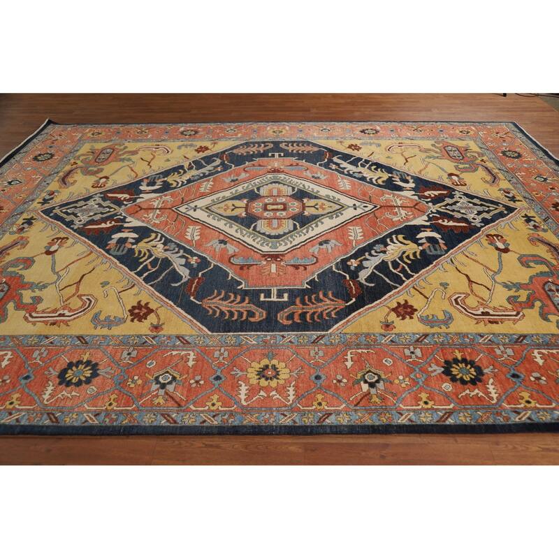 Vegetable Dye Geometric Heriz Oriental Area Rug Handmade Wool Carpet - 9'0" x 11'11"