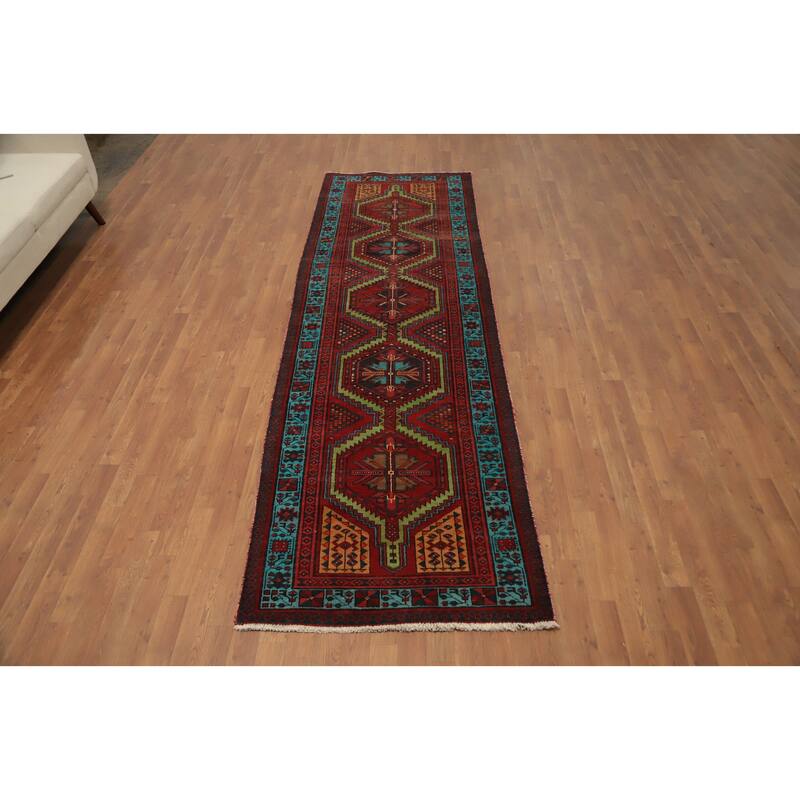Hand Knotted Oriental 100% Wool Carpet Traditional Geometric Red Ardebil Runner Rug - 10' 8'' X 3' 4''