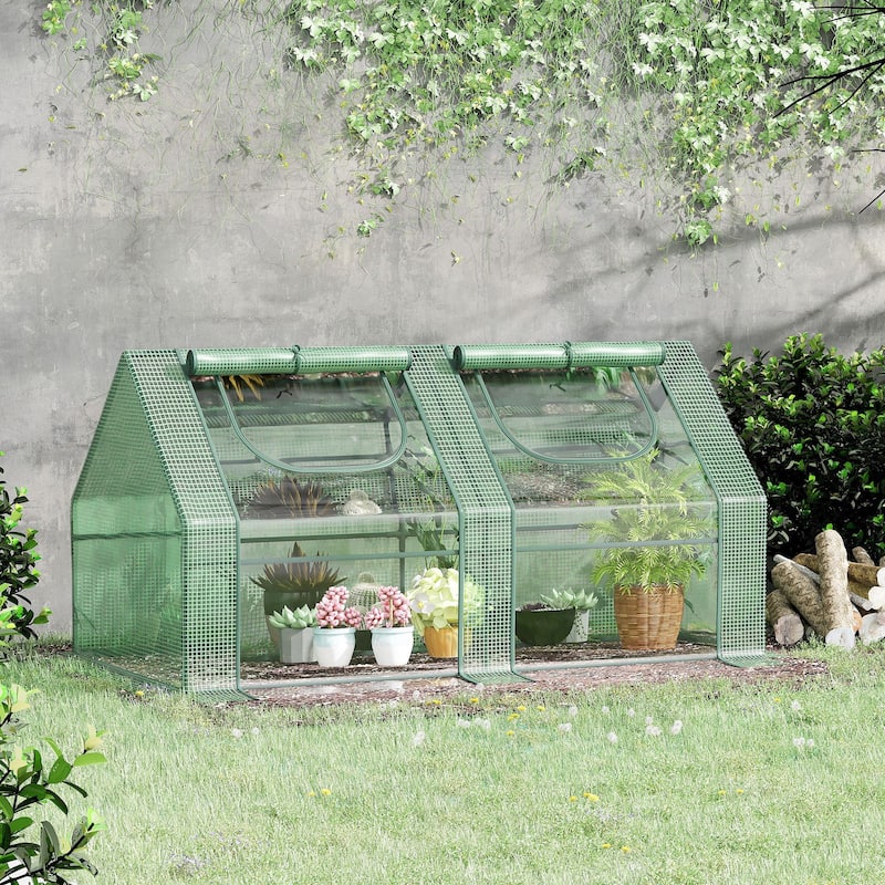 6' x 3' x 3' Portable Greenhouse, Garden Green House with 2 PE/Plastic Covers, Steel Frame and 2 Roll Up Windows, Green