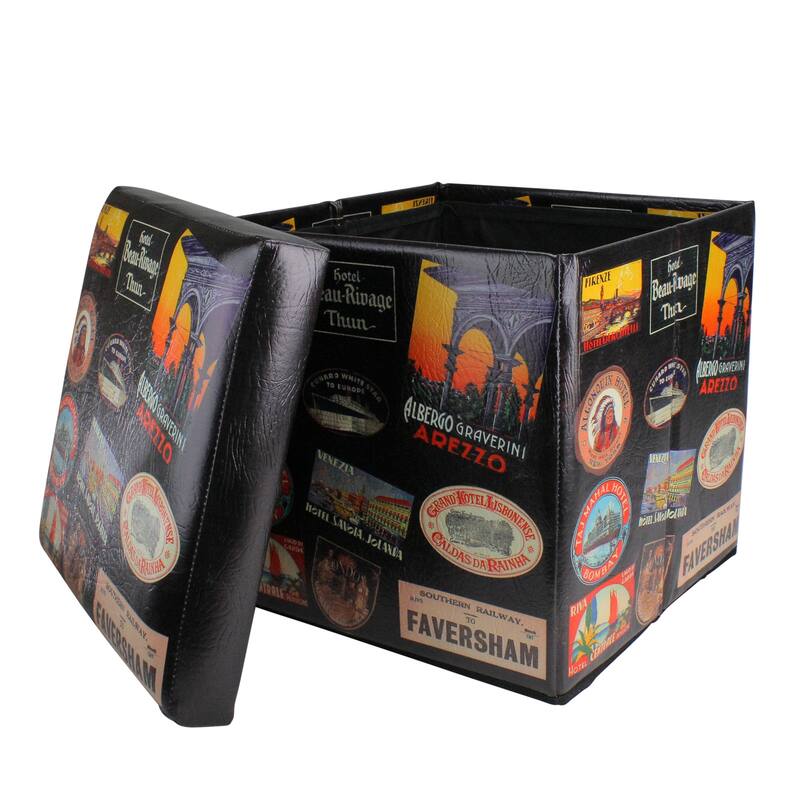 15"Brown Travel Stickers Collapsible Wooden Storage Ottoman
