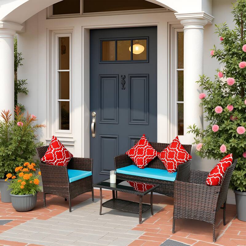 4-Piece Rattan Outdoor Sofa Set, Conversation Set with Soft Cushions and Tempered Glass Coffee Table