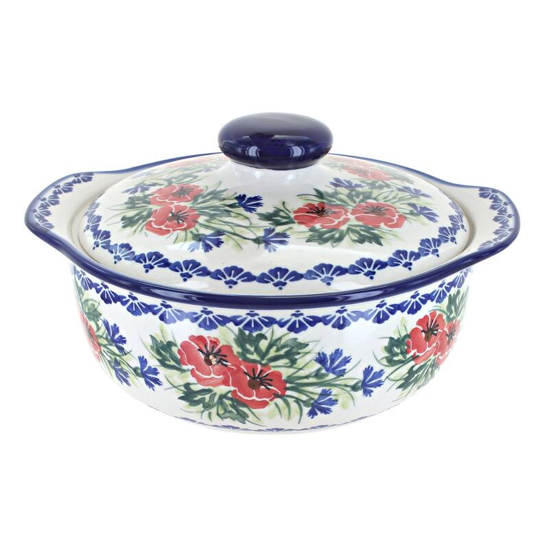Blue Rose Polish Pottery 41C WR Unikat Round Covered Baker - Cherry Red Bouquet