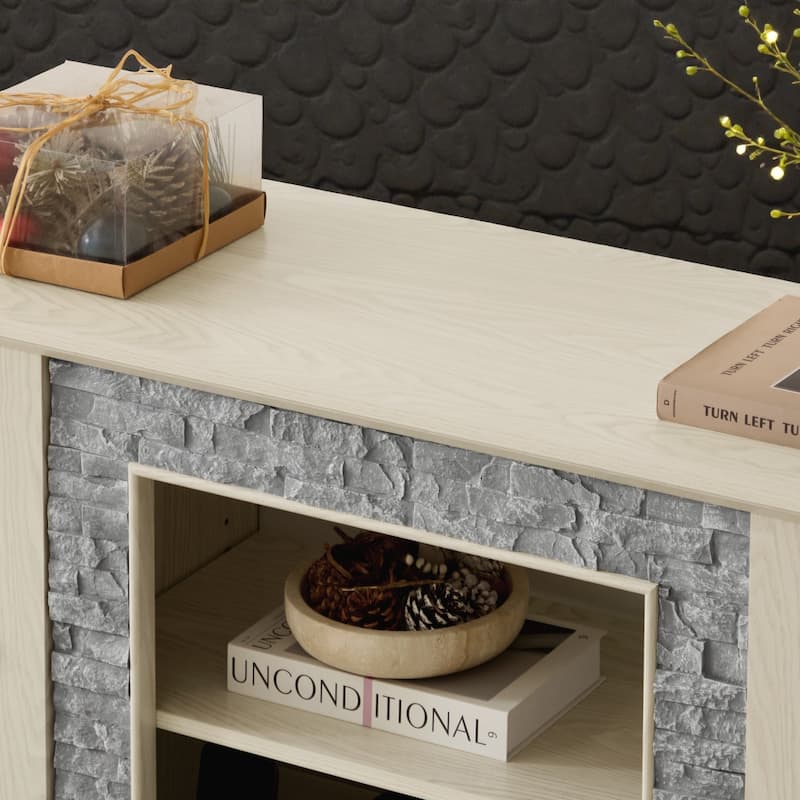 58" Modern TV Stand with Faux Stone Surround, Media Console Cabinet with 2 Doors and Shelves for TVs up to 75"