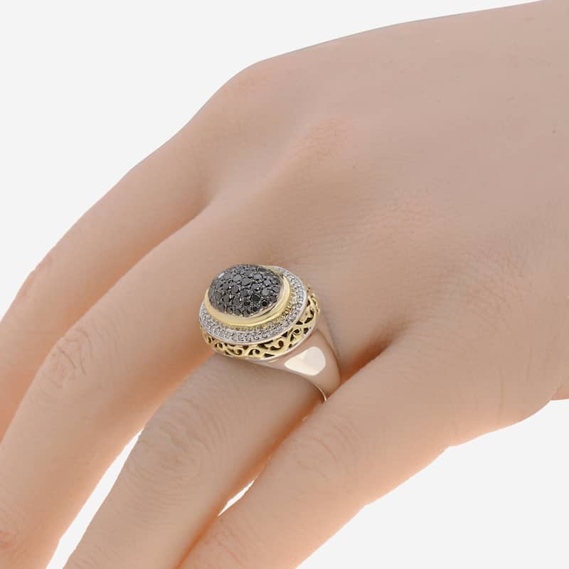 Charles Krypell Sterling Silver and 18K Yellow Gold, Black Diamond and White Diamond Statement Ring Sz. 6.75
