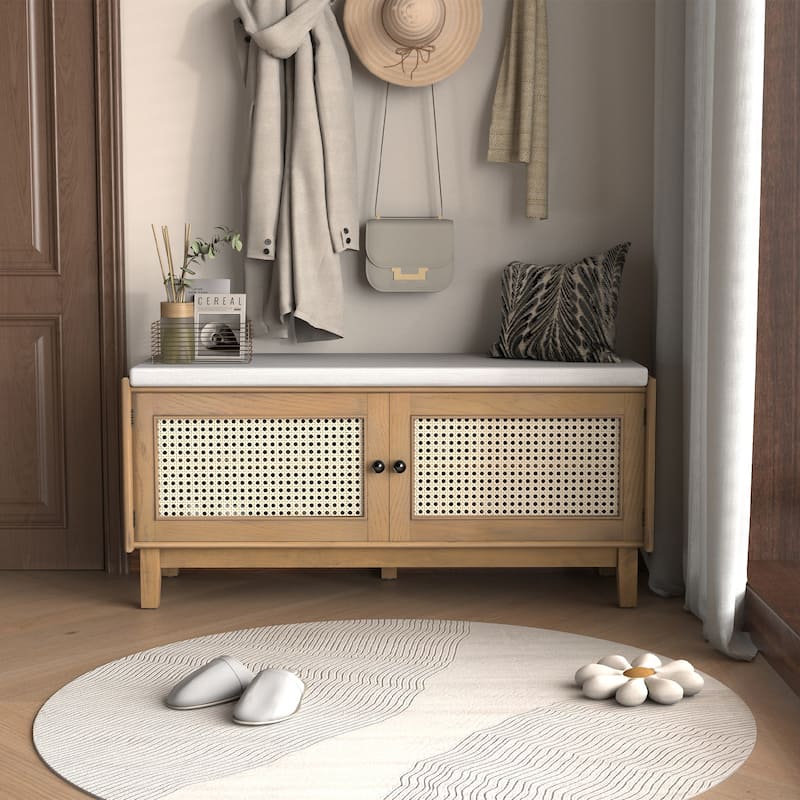 Boho Rattan Shoe Storage with Washable Cushion & Adjustable Shelves by Harper&Bright Designs - Brown&Beige