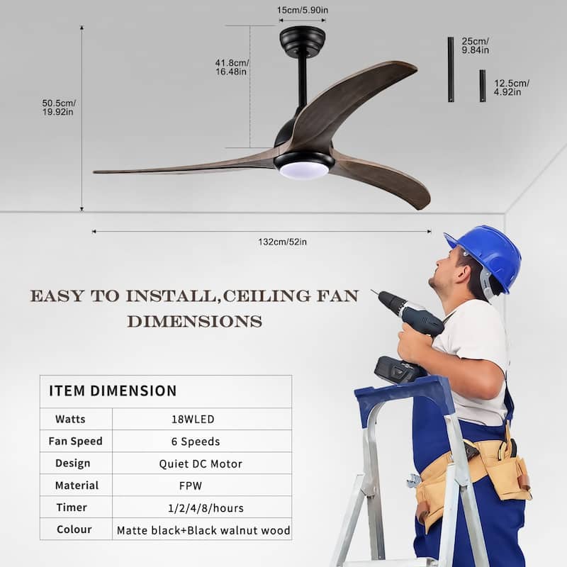 Oaks Aura 52-inch Modern Industrial Ceiling Fan With Light, 6-Speed Reversible Farmhouse Wood Ceiling Fan Light With Remote