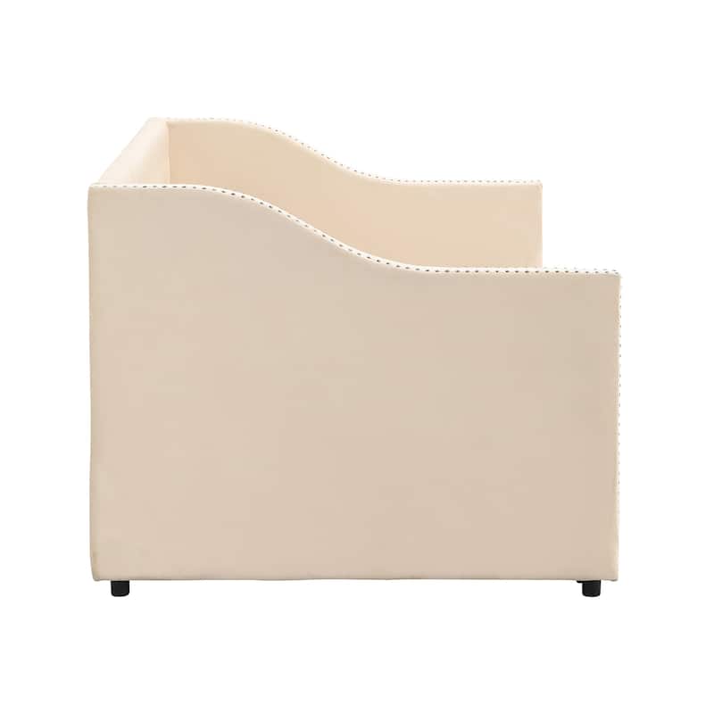Twin Velvet Upholstered Daybed Platform Daybed with Liftable Trundle, Twin to King Daybed Frame with Nailhead Decoration, Beige
