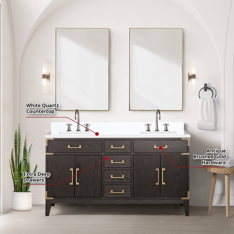 Laurel 60 in W x 22 in D Black Oak Double Bath Vanity, White Quartz Top, Faucet Set, and 28 in Mirrors