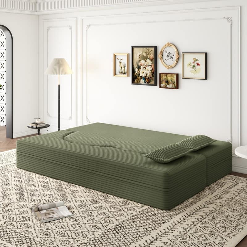 Modern 78" Full Size Convertible Corduroy Foam-Filled Sleeper Sofa,Modern Floor Sofa with 2 Pillows