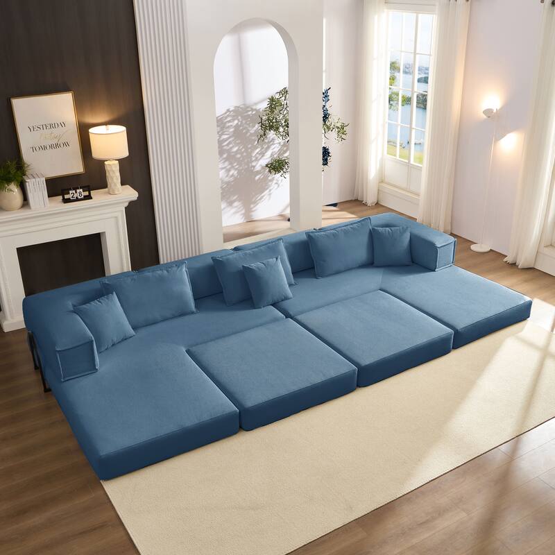 DIY Modular Corduroy L-Shaped Floor Sofa Set with 6 Pillows