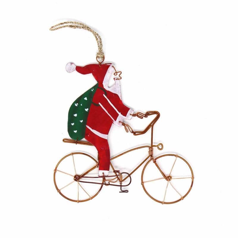 Handmade Recycled Wire Bike Riding Santa Ornament, Set of 2