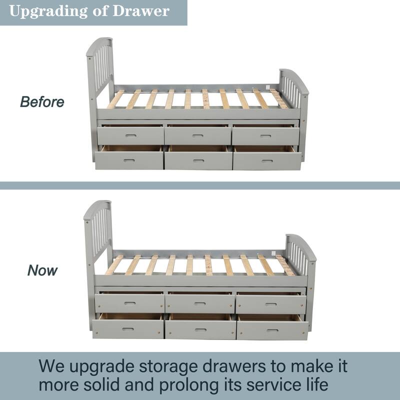 Durable Twin Size Storage Bed Frame with 6 Drawers, Solid Wood Construction for Kids and Teens, Easy Assembly