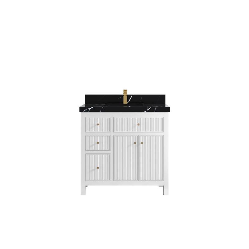 Willow Collections 36 in W x 22 in D Sonoma Center Sink Free Standing Reeded Bathroom Vanity with Countertop - 2" Calacatta Black - White