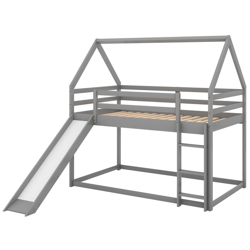 Kids Twin Bunk Bed with Slide & Ladder - Gray House Design for Fun & Safe Play