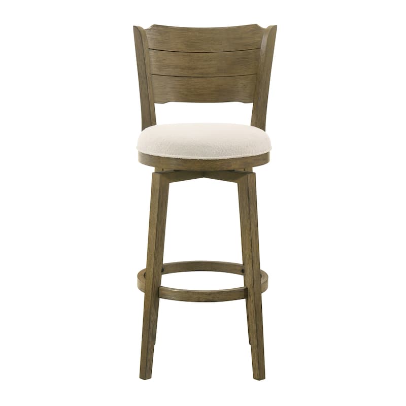 Winsley Coastal Modern Swivel Wood Counter Height Kitchen Bar Stool with White Boucle Fabric Upholstered Seat