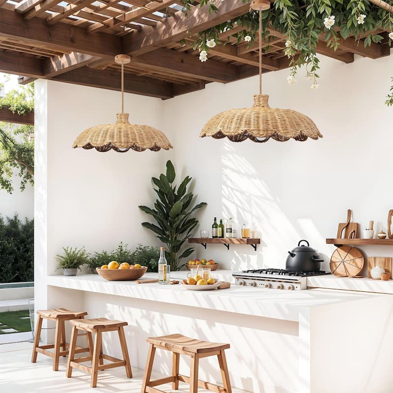 Aurelia Outdoor Rattan Pendant Light - Brown Large Dome 1-Light Handwoven Light Fixture For Modern, Boho or Tropical Room Decor