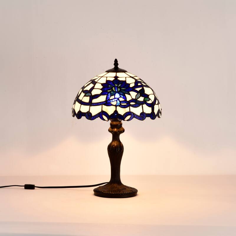 Gracie 12-inch Blue/White Flower Design Stained Glass/Bronze Tiffany-Style Table Lamp