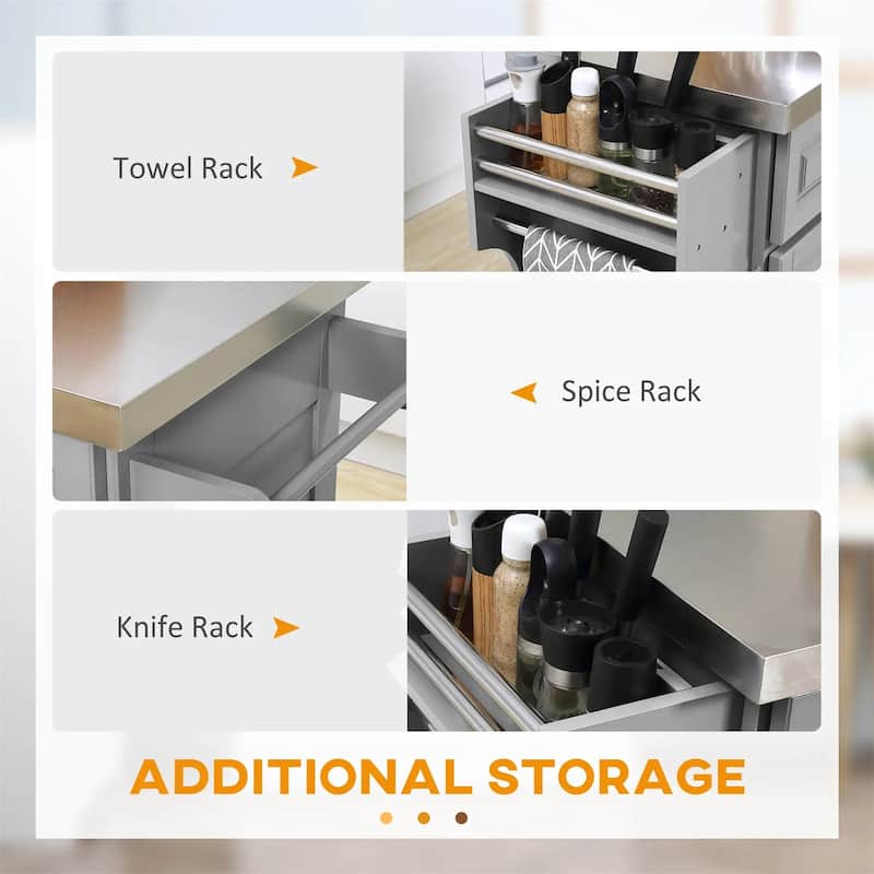 Rolling Kitchen Island Cart with 2 Drawers, Spice, Knife and Towel Rack