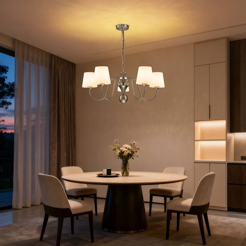 Starsky 5-Light Brushed Nickel with White Glass Shade Chandelier