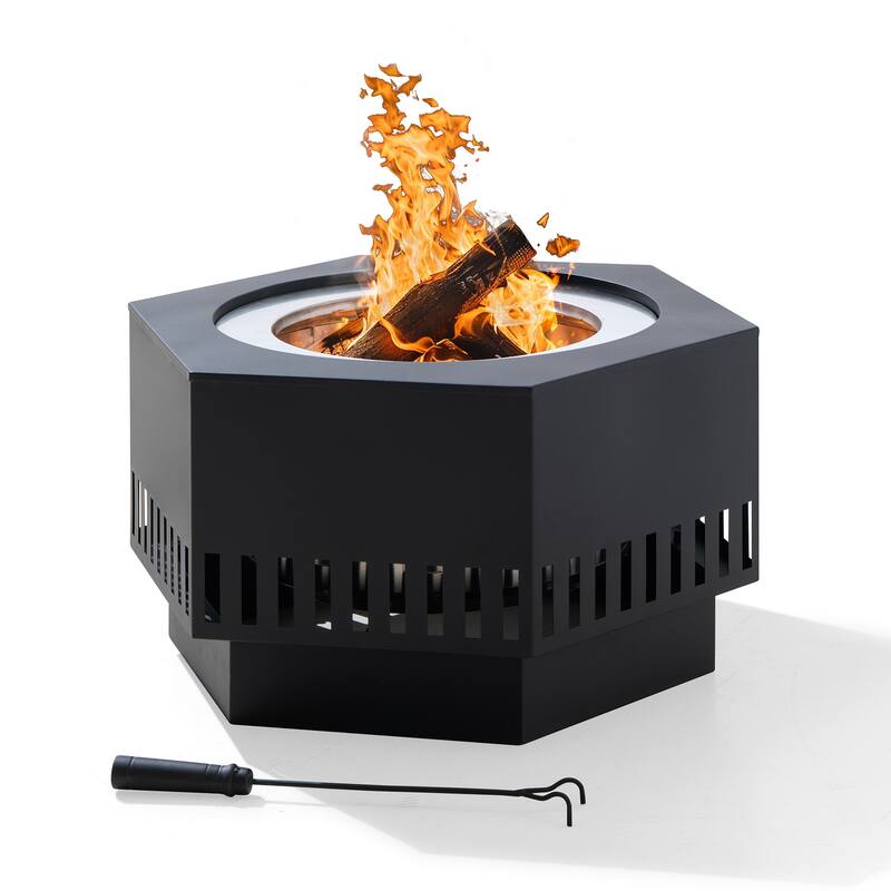 Sunjoy 28 In Smokeless Fire Pit Wood Burning Fireplace with Removable Ash Pan and Fire Poker - N/A - Matte hammered black-2