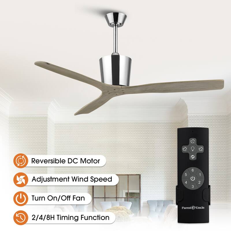 54" Farmhouse Solid Wood 3-Blade DC Reversible Ceiling Fan with Remote, No Light