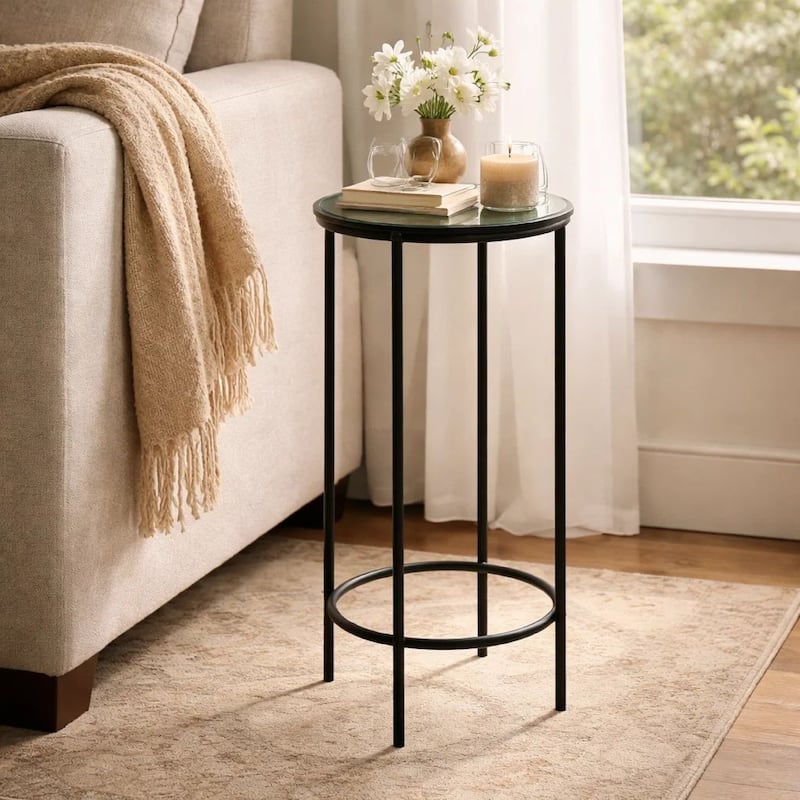 Hex Accent Table, 12 Inch Round Recycled Glass Top, Black Iron Frame