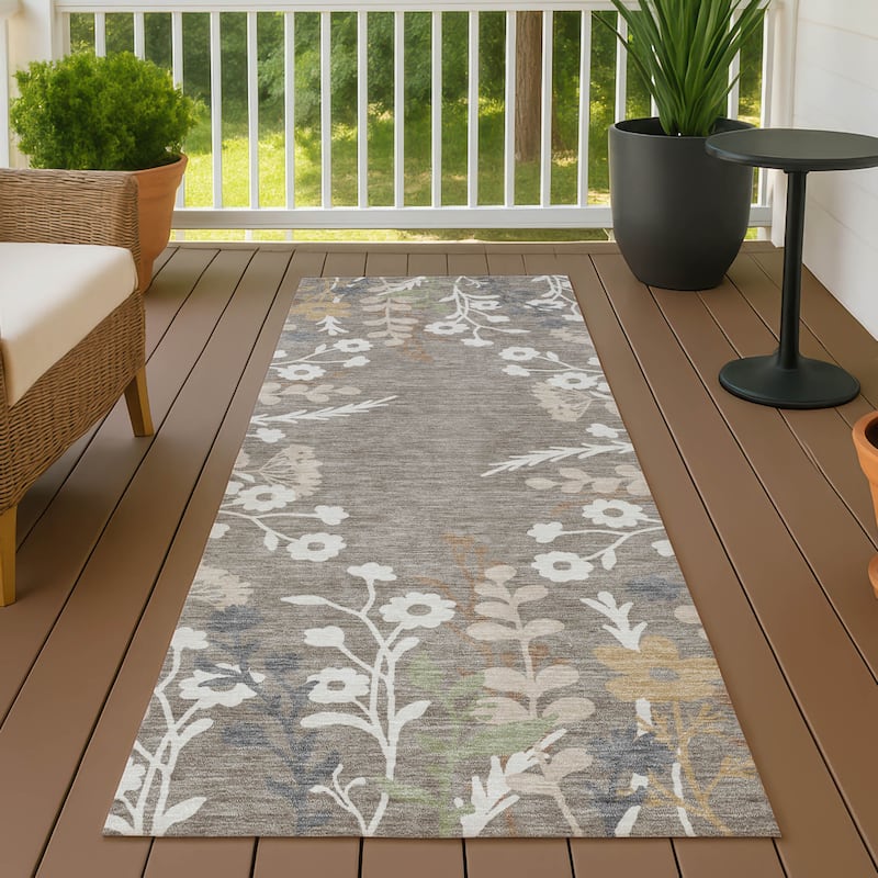 Machine Washable Indoor/ Outdoor Floral Border Chantille Rug - Taupe - 2'3" x 7'6"