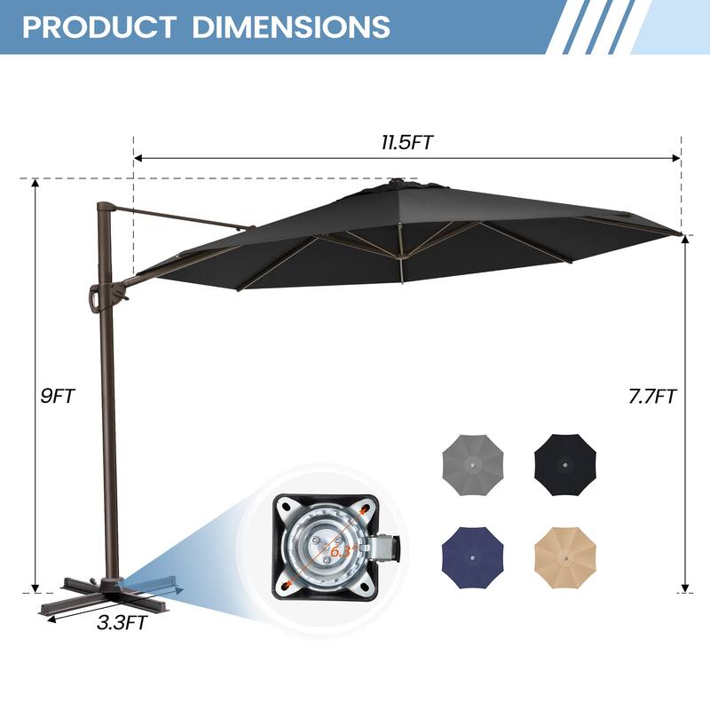 Outdoor 11.5FT Round Patio Hanging Offset Cantilever Umbrella with Cross Base