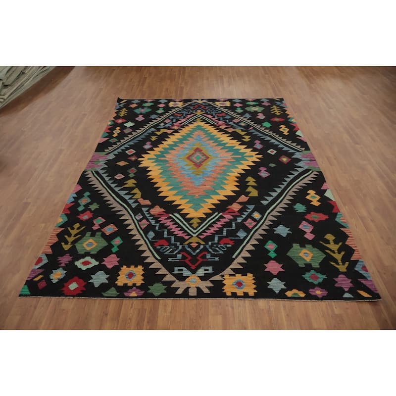 Hand Woven Oriental 100% Wool Carpet Southwestern Tribal Black Kilim Area Rug - 11' 6'' X 8' 2''