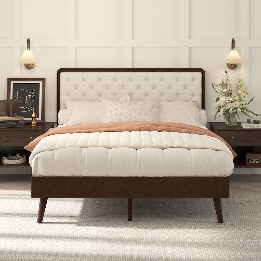 Solid Wood Full/Queen/King Size Platform Bed Frame with Upholstered Tufted Headboard