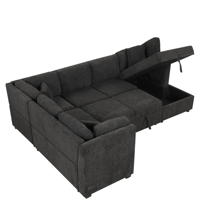 U-shaped Sectional Sofa Pull out Sofa Bed with Two USB Ports, Two Power Sockets, Three Back Pillows and a Storage Chaise