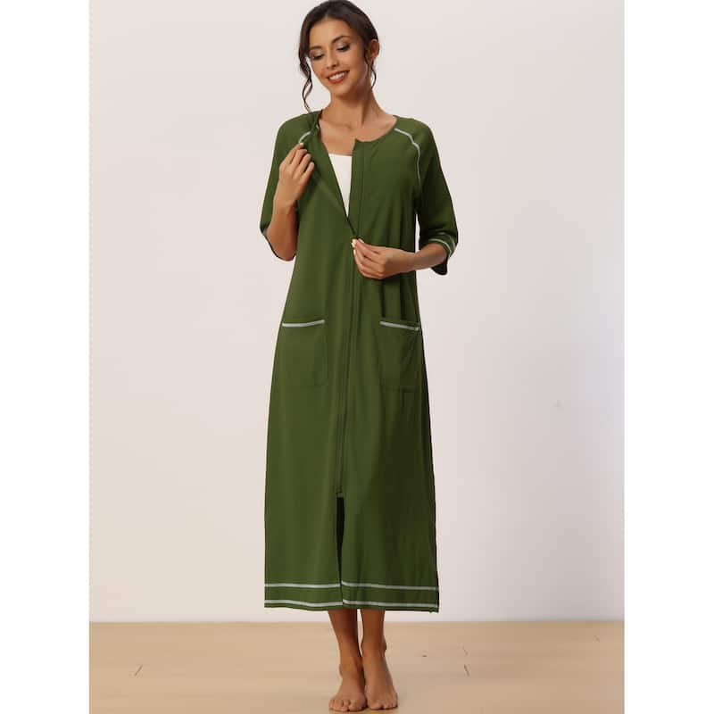 Women Zipper Robe Long Sleeve Loungewear Bathrobe with Pockets - Green - S