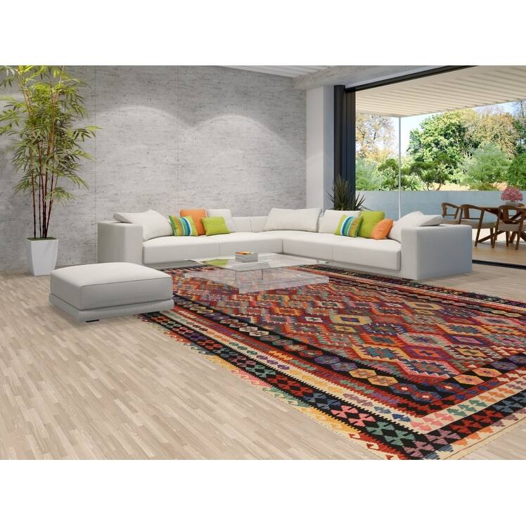 All-Over Geometric Kilim Oriental Large Rug Flatweave Wool Carpet - 10'1"x 15'11"