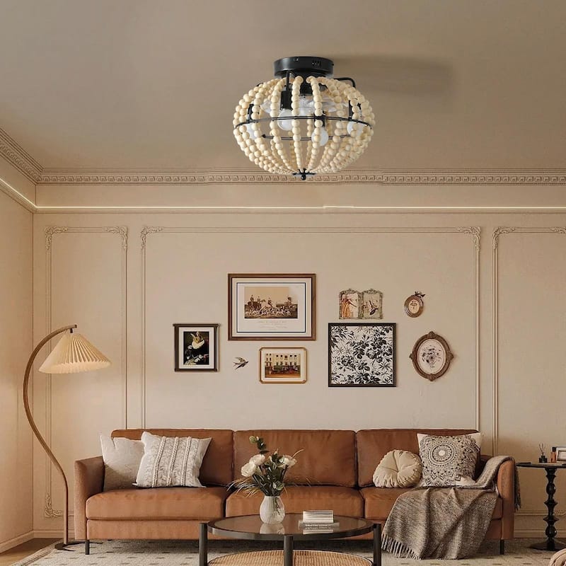 Beaded Wood Chandelier with Oak White Finish