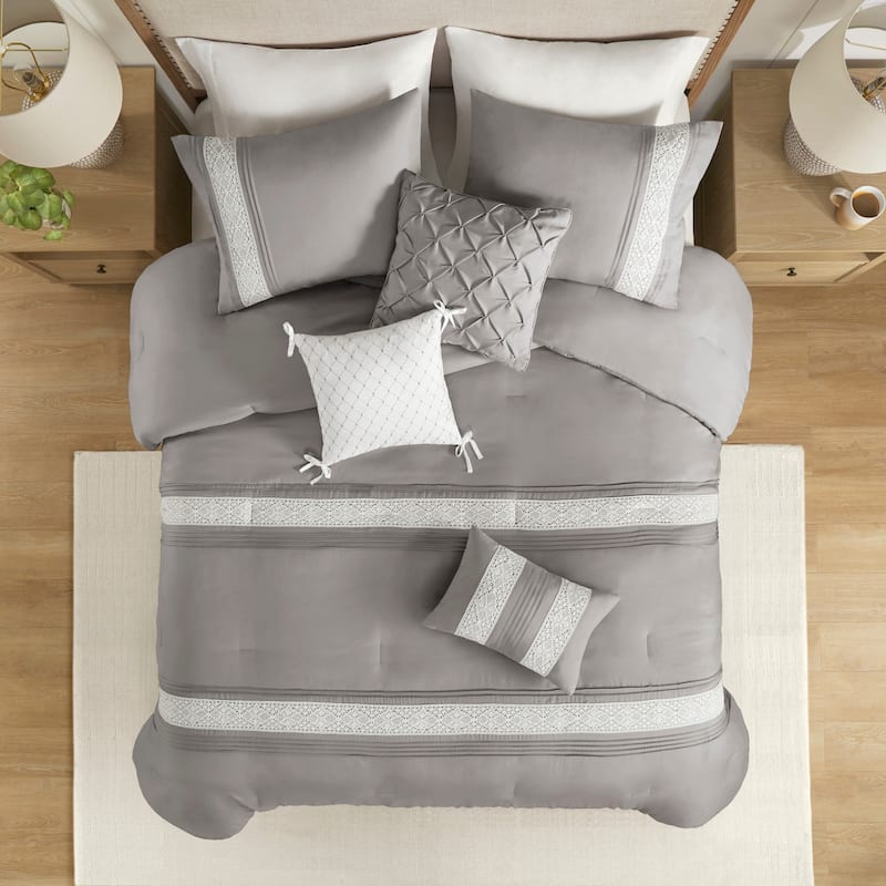 Madison Park Marla 7 Piece Lace Trim Comforter Set with Throw Pillows